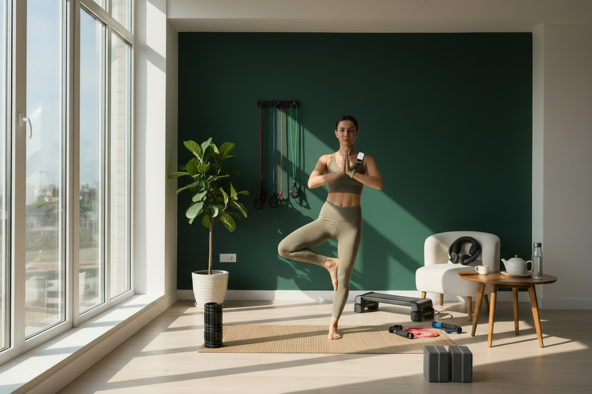 Home fitness hero with dark green wall and accessories